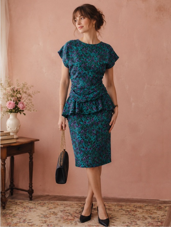 Vintage Dresses & Skirts - Vintage 80s Union Made Peplum Dress Teal Purple Floral Made in Canada Pantel